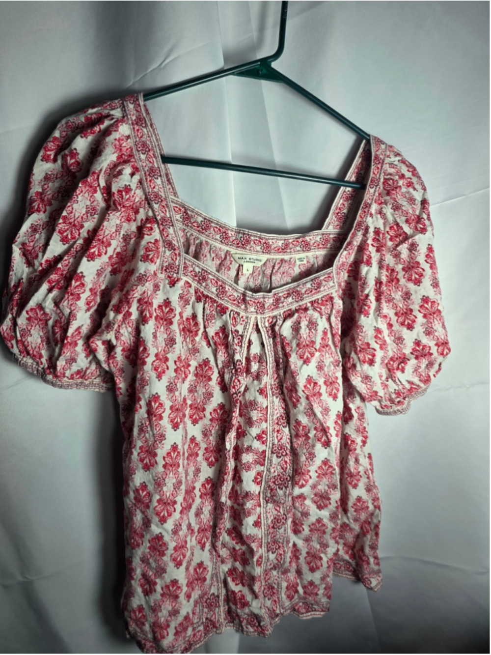 Women's Max Studio Blouse L White Red Floral Print Square Neck Top boho-chic